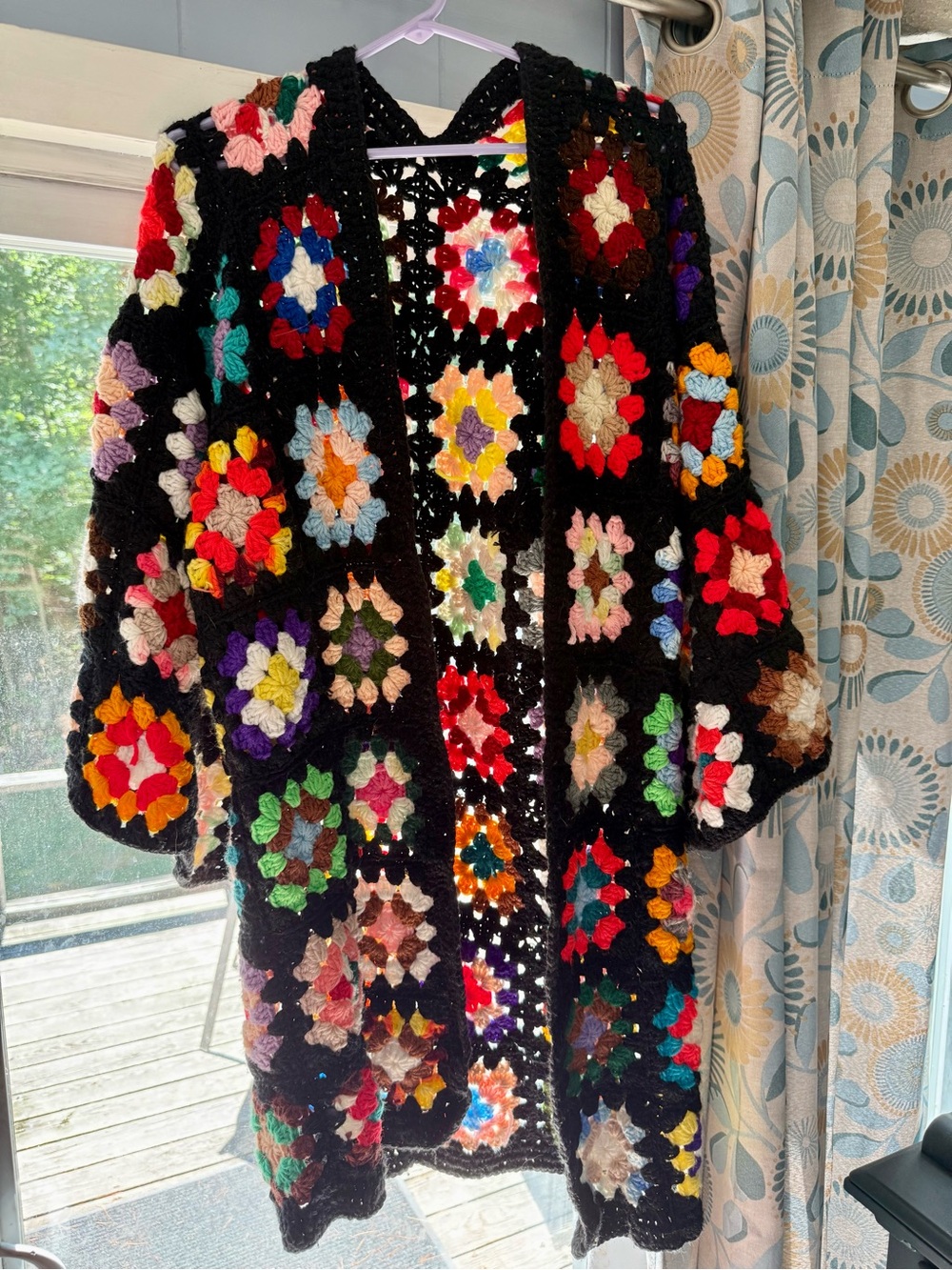 Handmade Multicolor Crochet Granny Square Cardigan - Black Base